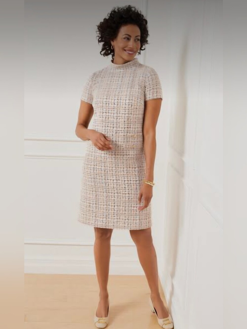 Talbots Boucle Tweed Sheath Dress Mockneck Short Sleeve Sz:M Classic Parisian